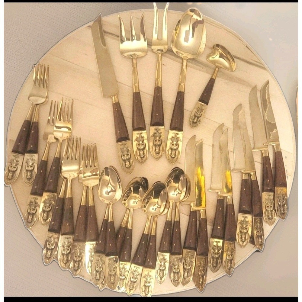 Vintage Siam Bronze and Wood Flatware Set 29pc Thai Buddha Ornate Cutlery